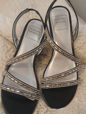 New York Transit Black and Silver Crystal Strap Slingback Sandals